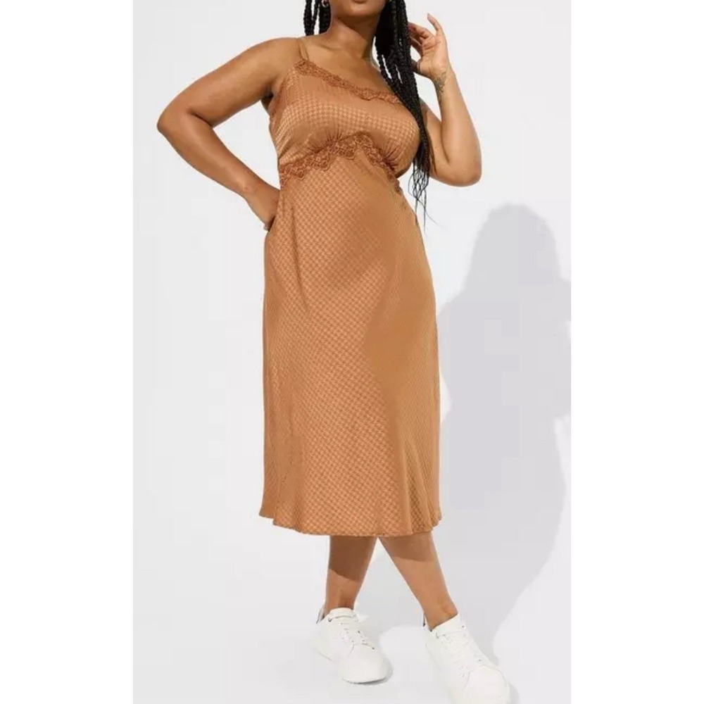 Torrid Tea Length Woven Jacquard Gingham Lace Trim Cami Slip Dress Plus Size 2X